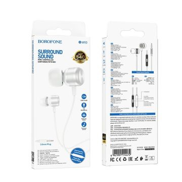 Наушники Borofone M93 mini jack. Гарнитура внутриканальная, серебро