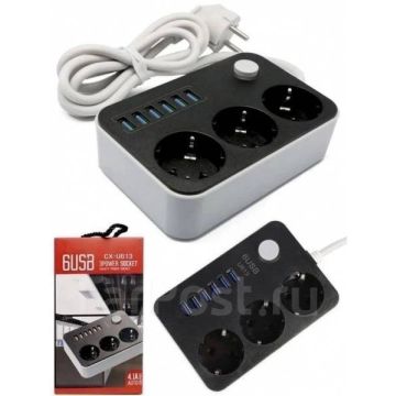Сетевой удлинитель фильтр,3 розетки,6USB,переходник,кабель,CX-U613-W