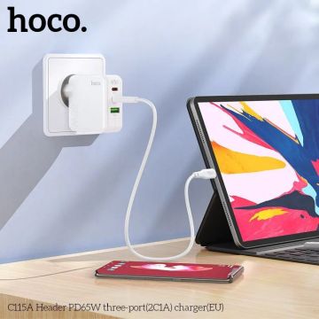 Зарядное устройство HOCO C115A Header PD65W, 1xUSB-A, 2xType-C,адаптер