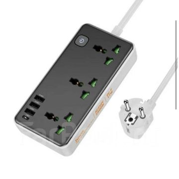 Сетевой фильтр удлинитель Hoco 3 розетки + 4 USB PD QC 3.0 2500W, AC7A черный