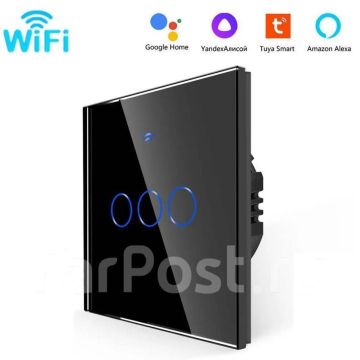 Выключатель умный сенсорный с Wi-Fi три клавиши, Яндекс Алисой,Tuya черный