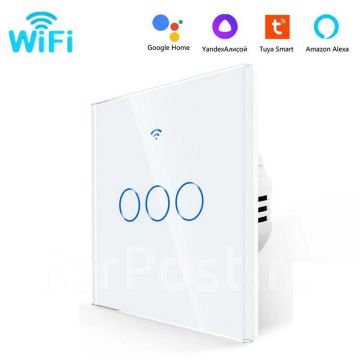 Выключатель умный сенсорный с Wi-Fi тройной, Яндекс Алисой,Tuya белый