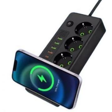 Удлинитель сетевой фильтр с беспроводной зарядкой 2500W USB,TYPE-C ...