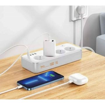 Сетевой фильтр HOCO AC21 4 розетки 2500W,3USB+USB-C,17W. 3 метра Белый